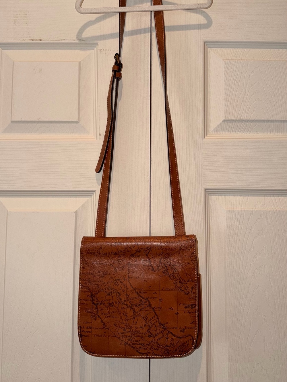 Patricia Nash Brown Leather Crossbody Bag with Map-Print